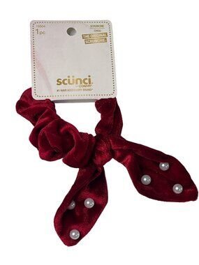 Scunci Red Velvet Pearl Scrunchie Bow Hair Tie New
